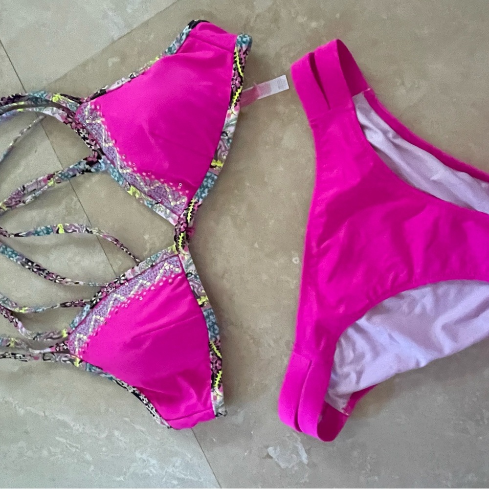 Victoria's Secret Hot Pink Bikini Set with Multi-Color Trim